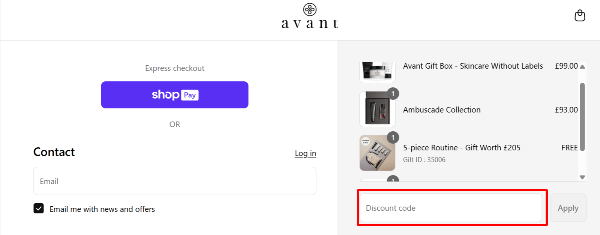 The checkout page showing where to apply your Avant Skincare voucher code