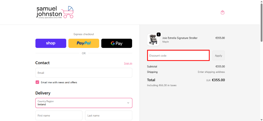 Samuel Johnston discount code place surrounded by a red box