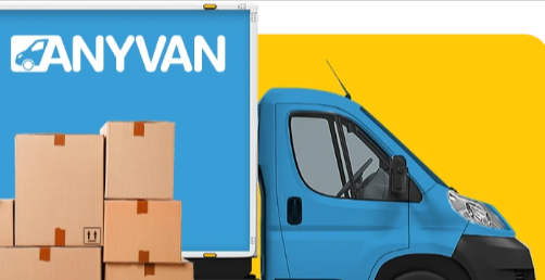 A blue truck with the ANYVAN name and logo on it and stacked boxes on the side