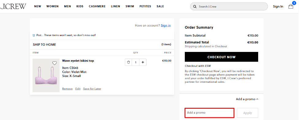 J.Crew discount code place under the order summary in the shopping bag