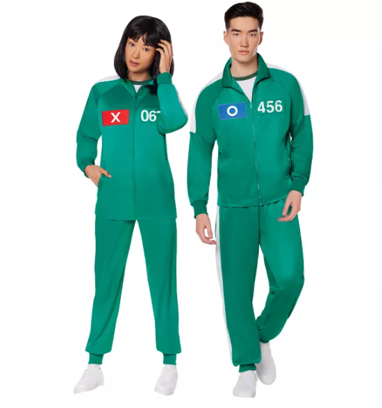 Models wearing a Squid Game costume as one of the best couples costumes for Halloween