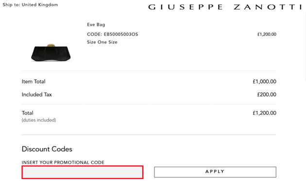 image showing the Giuseppe Zanotti checkout page