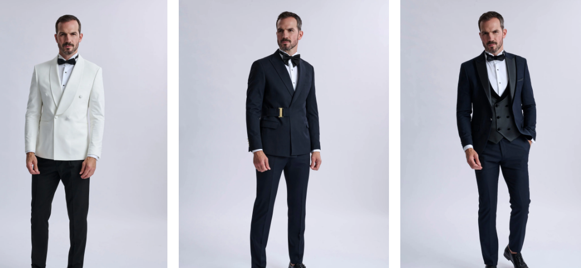 three Santoro Milan suits worn by a tall male model in different frames
