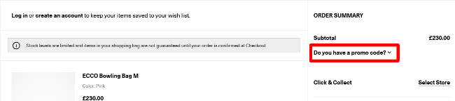 do you have a promo code box from ECCO hihglited for customers