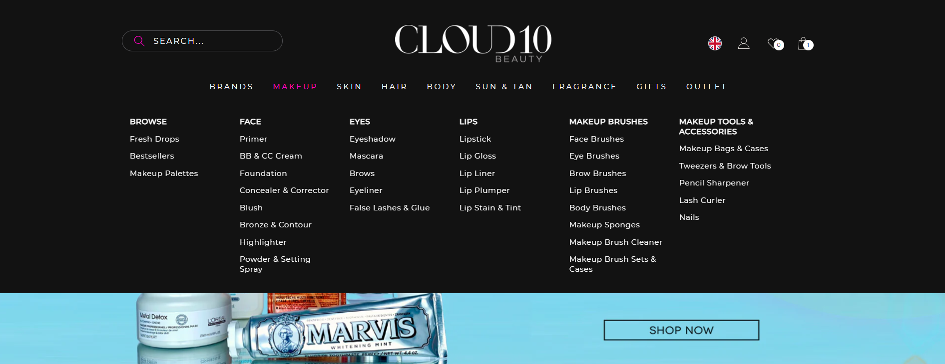 The Cloud 10 Beauty landing page showing the available product categories