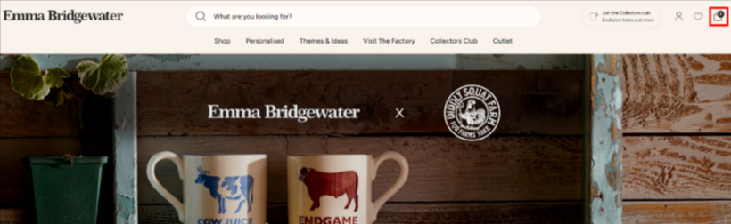 The Emma Bridgewater website and the categories, with the shopping cart highlighted with a red box