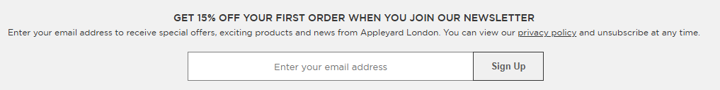 The Appleyard Flowers newsletter sign up page.