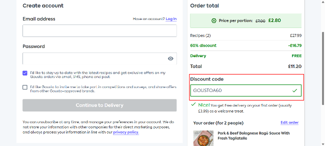 Gousto 60% discount offer for new customers