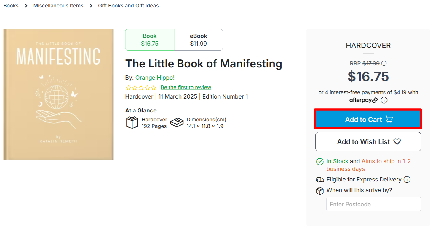 A Booktopia product page with the “Add to Cart” button highlighted with a red box
