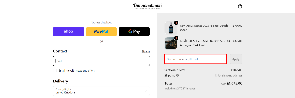 The checkout page showing where to apply your Bunnahabhain voucher code