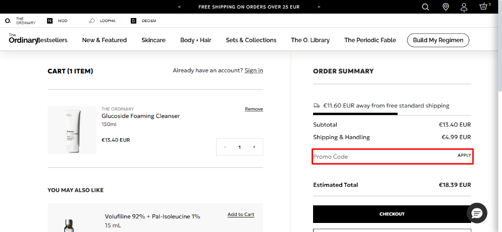 The The Ordinary discount code place in the order summary
