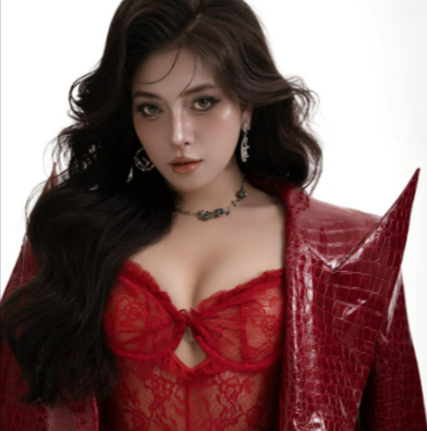 Elegant woman wearing a red lace top and leather jacket from Diesel