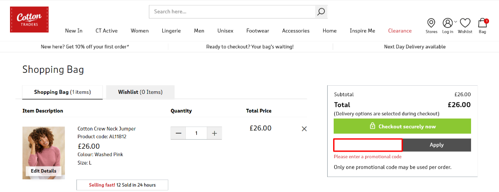 Applying a Cotton Traders promo code at checkout summary page