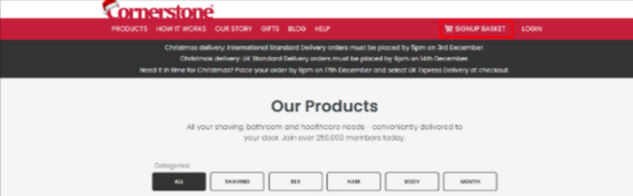 The Cornerstone shopping page and their different shopping categories and the basket