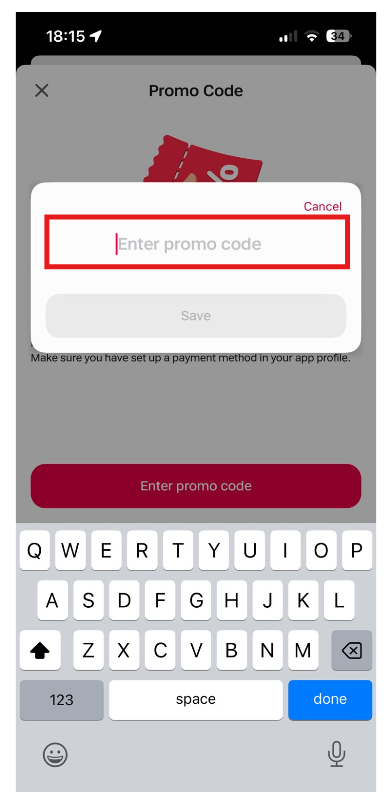 Applying a FREE NOW promo code at checkout into the offer code box