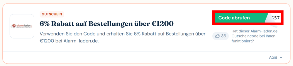 Angaben zu einem Rabattcode für Alarm-laden.de mit rotmarkiertem grünen Button