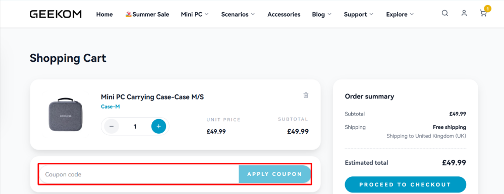 Applying a GEEKOM promo code at checkout into the offer code box