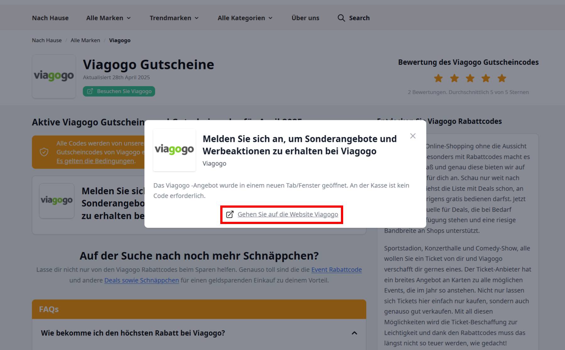 Ein rotmarkierter Link zur Viagogo-Website