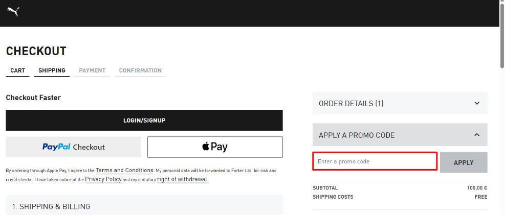 Apply your PUMA promo code to your order and save