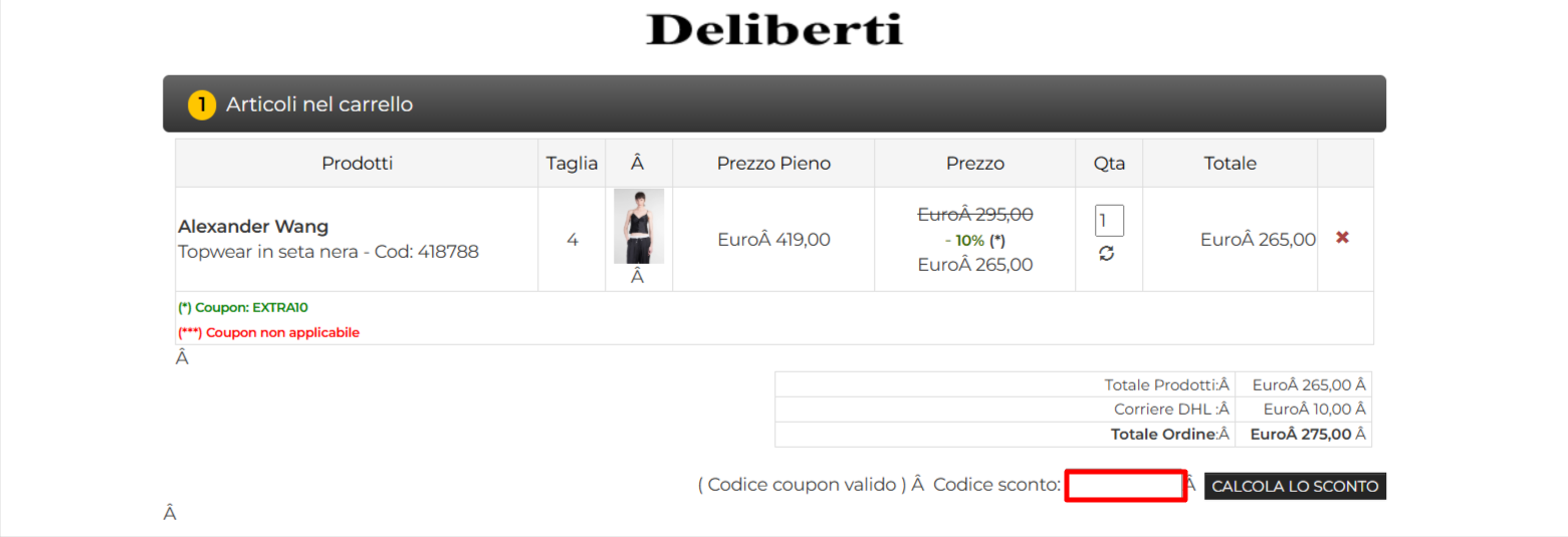 carrello del sito ufficiale Deliberti dove poter applicare il codice sconto Deliberti e abbassare il prezzo