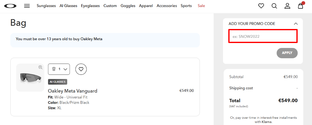 Add your Oakley promo code to save money on your order