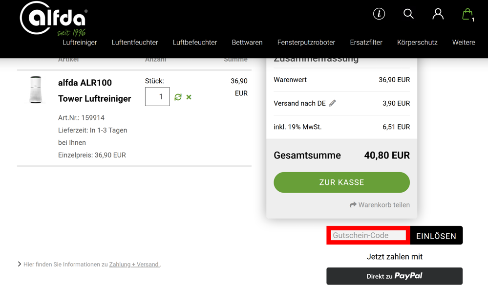 Warenkorb von alfda mit rotmarkiertem Eingabefeld für Gutscheincodes