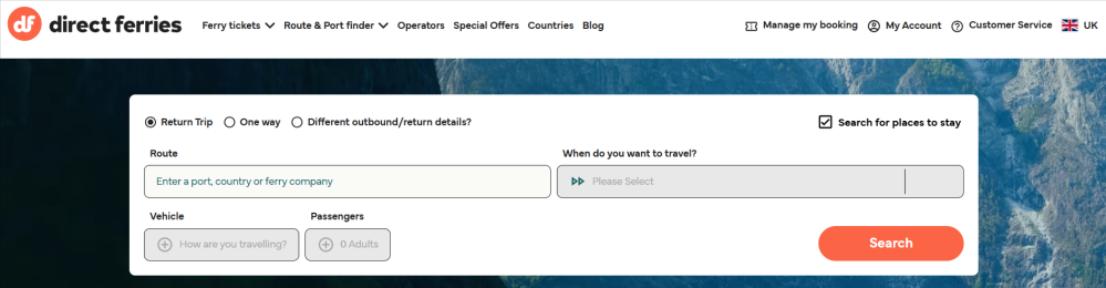 The Direct Ferries search filters and the search button