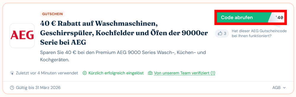 Angaben zu einem Rabatt für AEG mit einem rotmarkiertem grünen Button zum Abrufen eines Codes