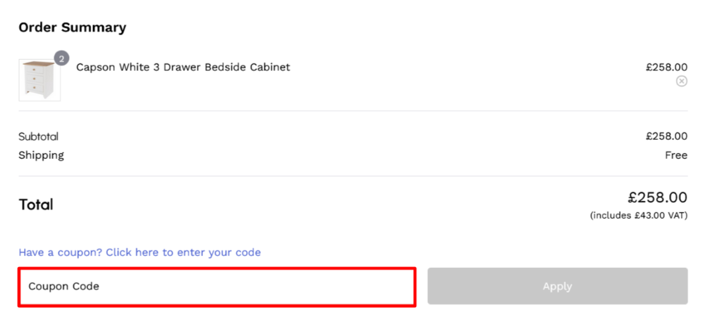 The checkout page for Netfurniture, where you paste the code