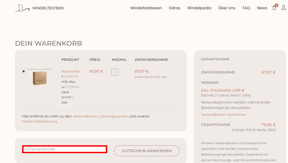 Warenkorb von Windeltestbox mit einem rotmarkierten Eingabefeld für Rabattcodes