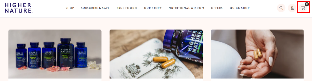The Higher Nature homepage with the shopping categories and flash sale details
