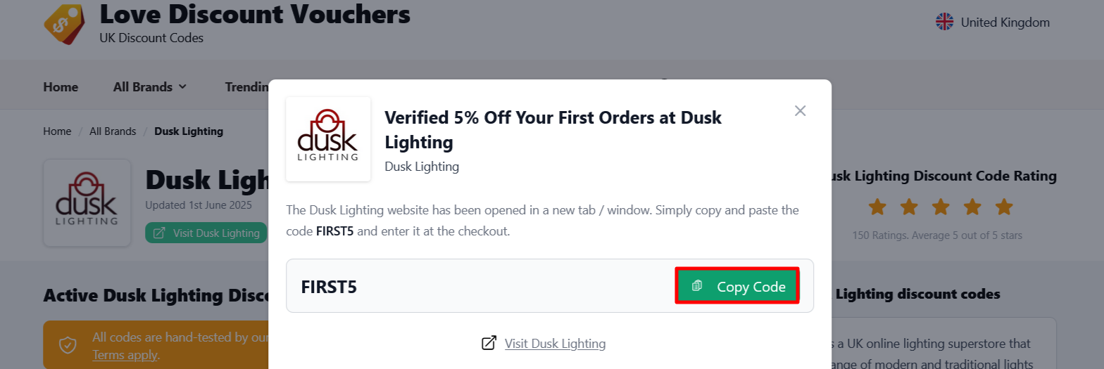 The page where you copy a Dusk Lighting code