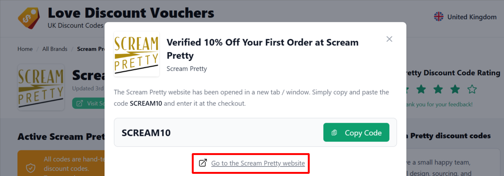 The highlighted red box shows the link that takes you to the Scream Pretty website