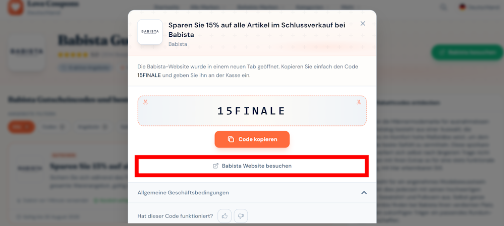 Ein offener Gutschein für Babista auf der Love Coupons-Seite mit rotmarkiertem Link