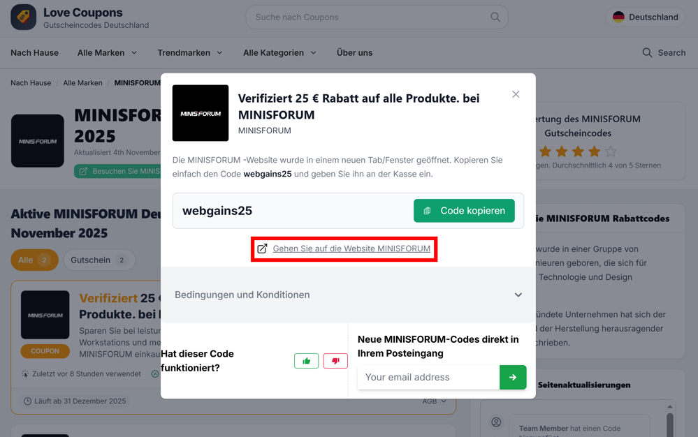 Ein offener Rabattcode zu MINISFORUM auf der Love Coupons-Seite