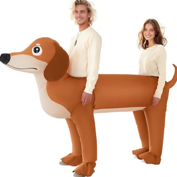 A couple wearing one of the best couples costumes for Halloween, an inflatable Dachshund costume