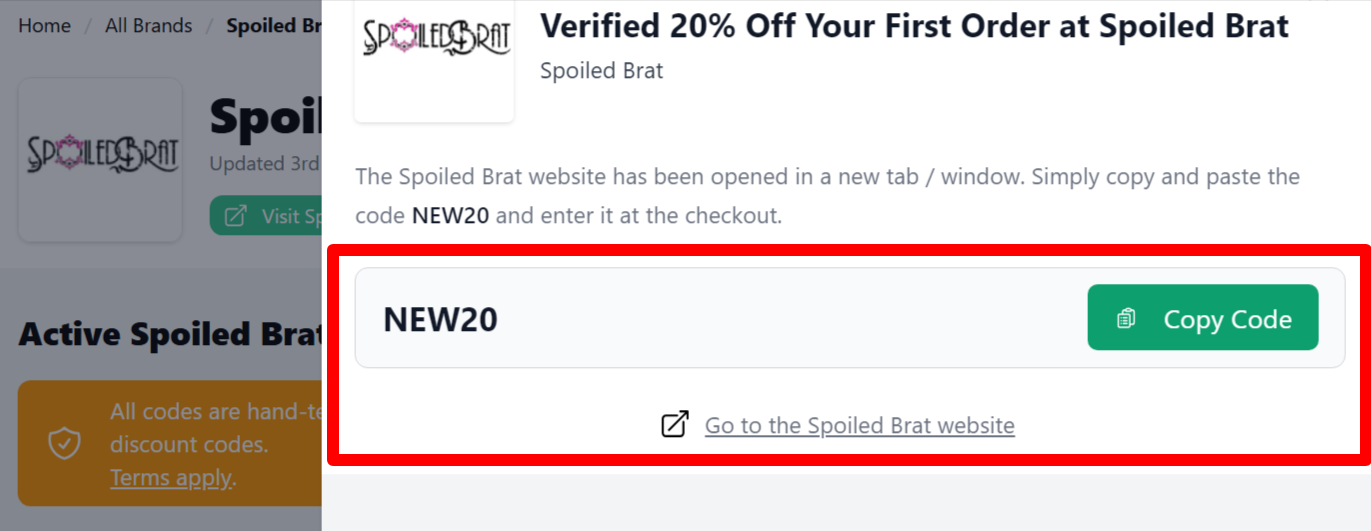 a highlighted link that customers can click after copying their Spoiled Brat discount code