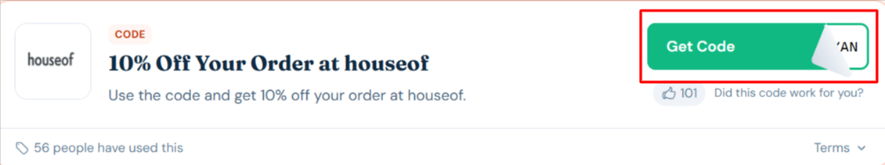 A houseof voucher code with "Get Code" in a red box