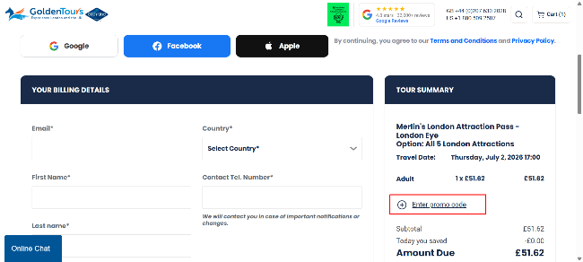 the add promo code box from teh Golden Tours online platform