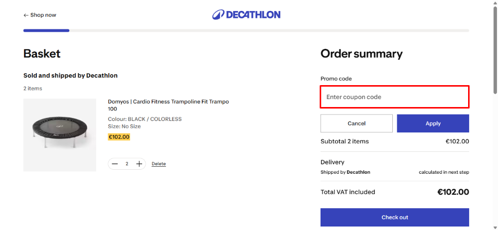 Decathlon discount copde place in the shopping basket under the order summary