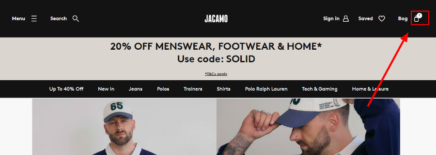 Jacamo website showing the bag icon where to find products added to cart