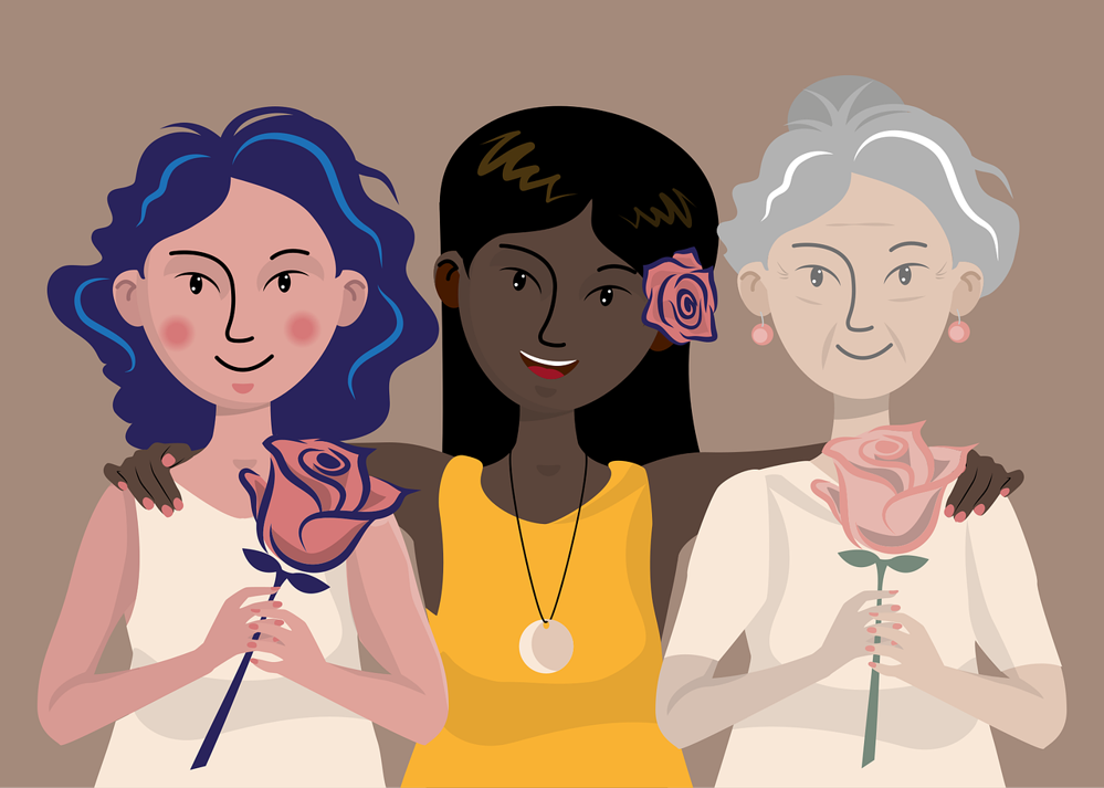 Grafik von drei lächelnden Frauen. von denen zwei jeweils eine Rose halten