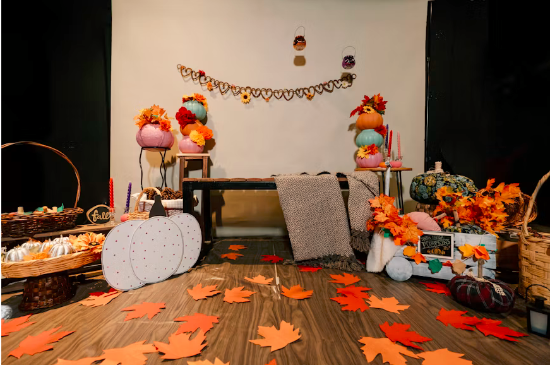 Halloween decorations set up in a hall