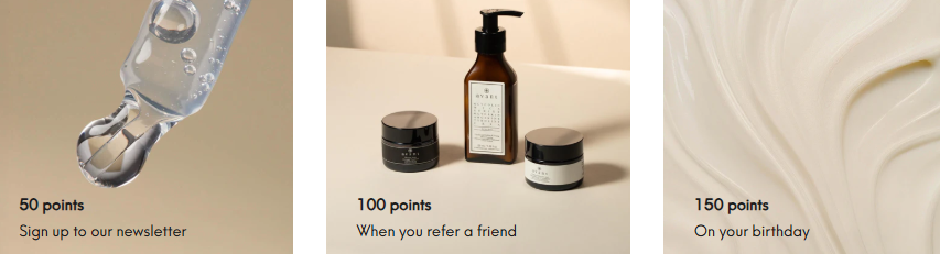 Avant Skincare's skincare products where they list the different points you can earn