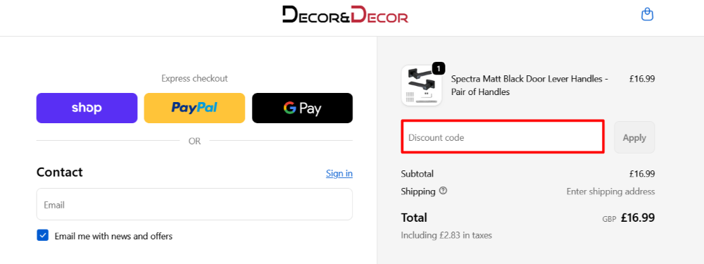 Decor and Decor chekout page where to paste the code