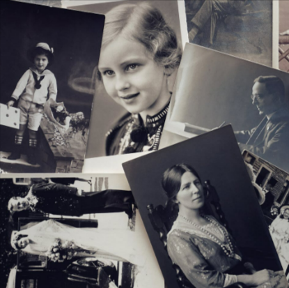 A grayscale photo of old pictures