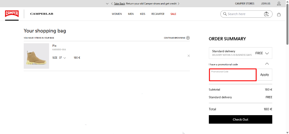 Camper shpopping bag where you apply your Camper discount code