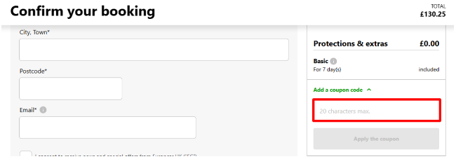 Europcar online booking site with a highlighted code box