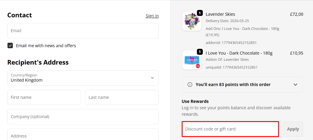 The Flower Station checkout page with where to paste the Flower Station discount code in a red box