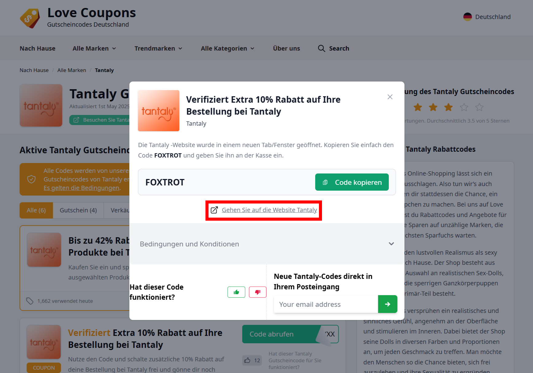Offener Rabattcode für Tantaly mit einem rotmarkiertem Link